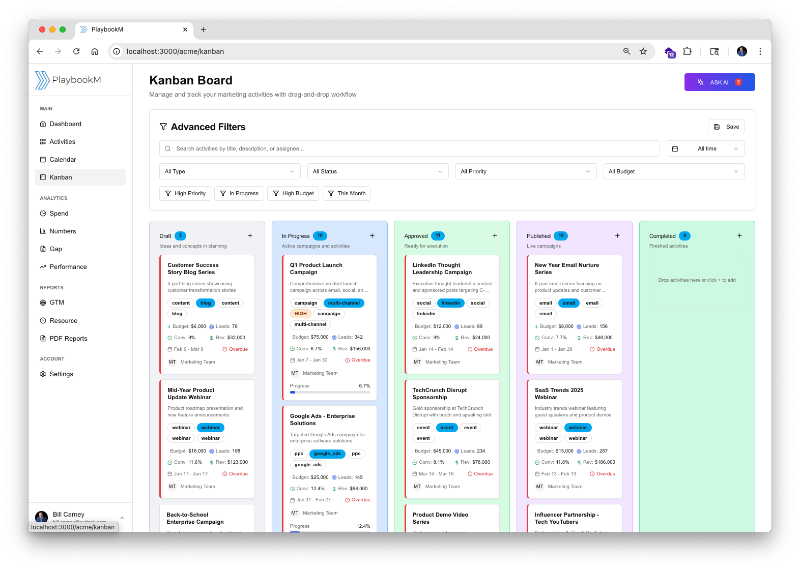 Kanban board view of PlaybookM